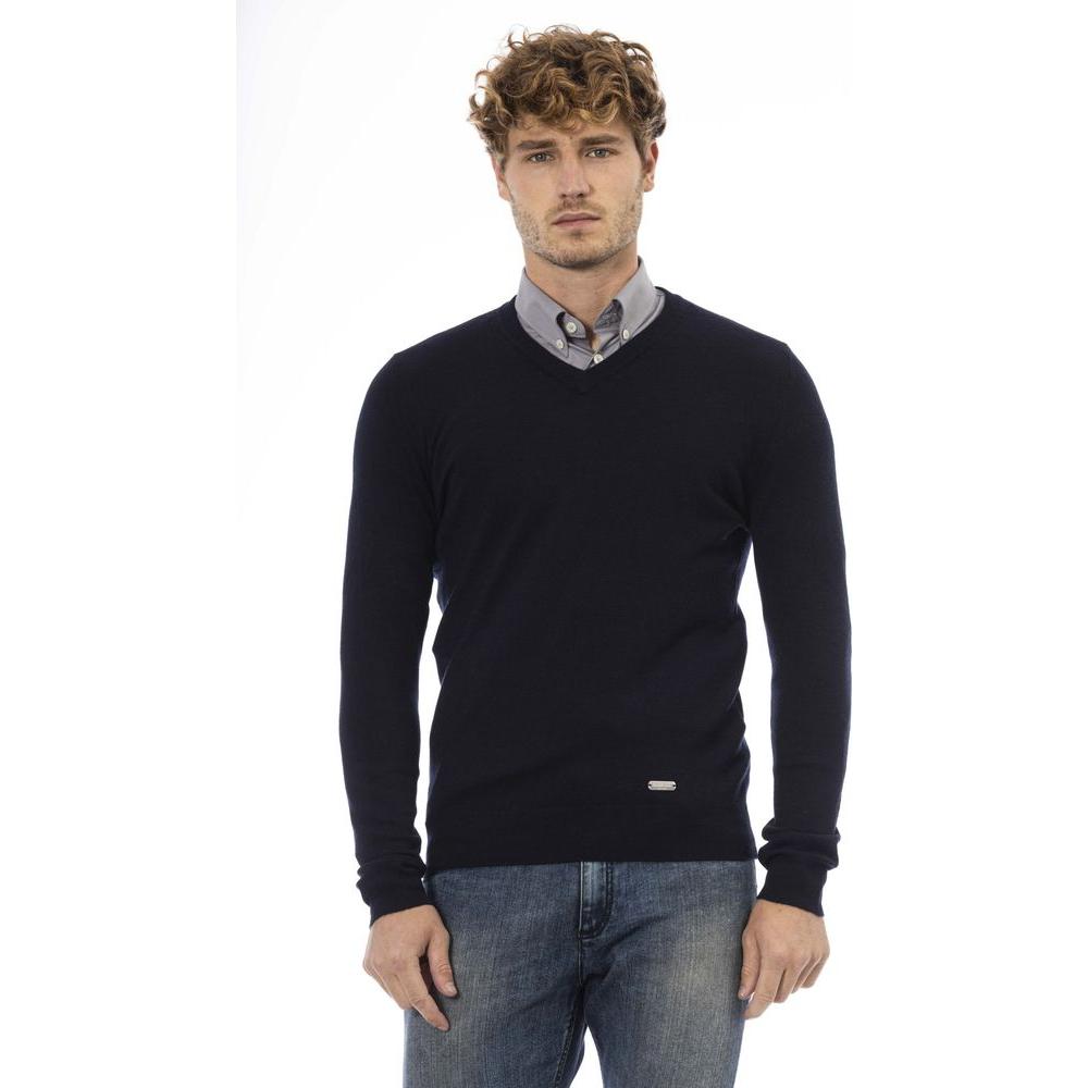 Baldinini Trend Elegant Blue V-Neck Wool-Blend Sweater blue-wool-sweater-12