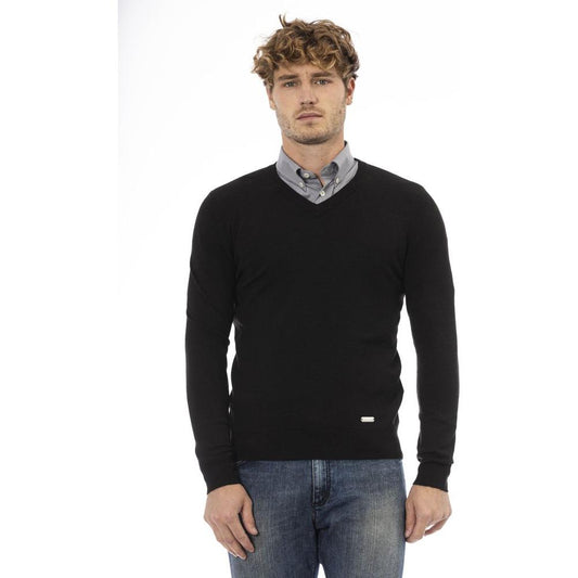Baldinini Trend Elegant V-Neck Wool Sweater - Long Sleeves, Ribbed Accents black-wool-sweater-17