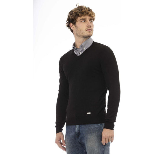 Baldinini Trend Elegant V-Neck Wool Sweater - Long Sleeves, Ribbed Accents black-wool-sweater-17 product-23805-1672744317-6a193160-369.jpg