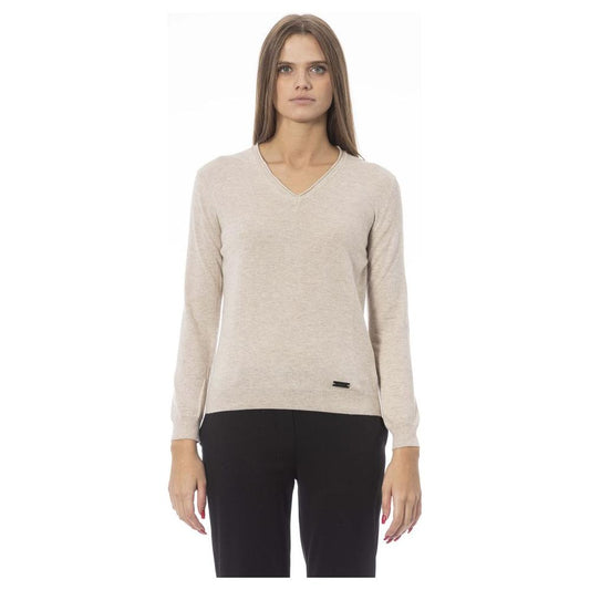 Baldinini Trend Elegant Beige V-Neck Sweater – Cozy & Chic beige-polyamide-sweater-1 product-23835-1955152946-3-6b9f3b9e-500.jpg