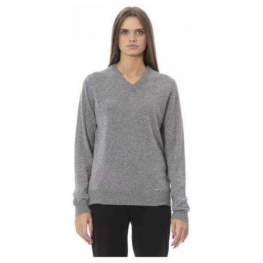 Baldinini Trend Elegant V-Neck Cable Knit Sweater gray-viscose-sweater-12
