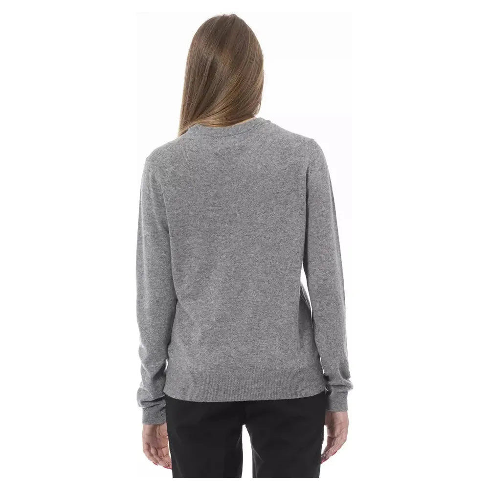 Baldinini Trend Elegant V-Neck Cable Knit Sweater gray-viscose-sweater-12