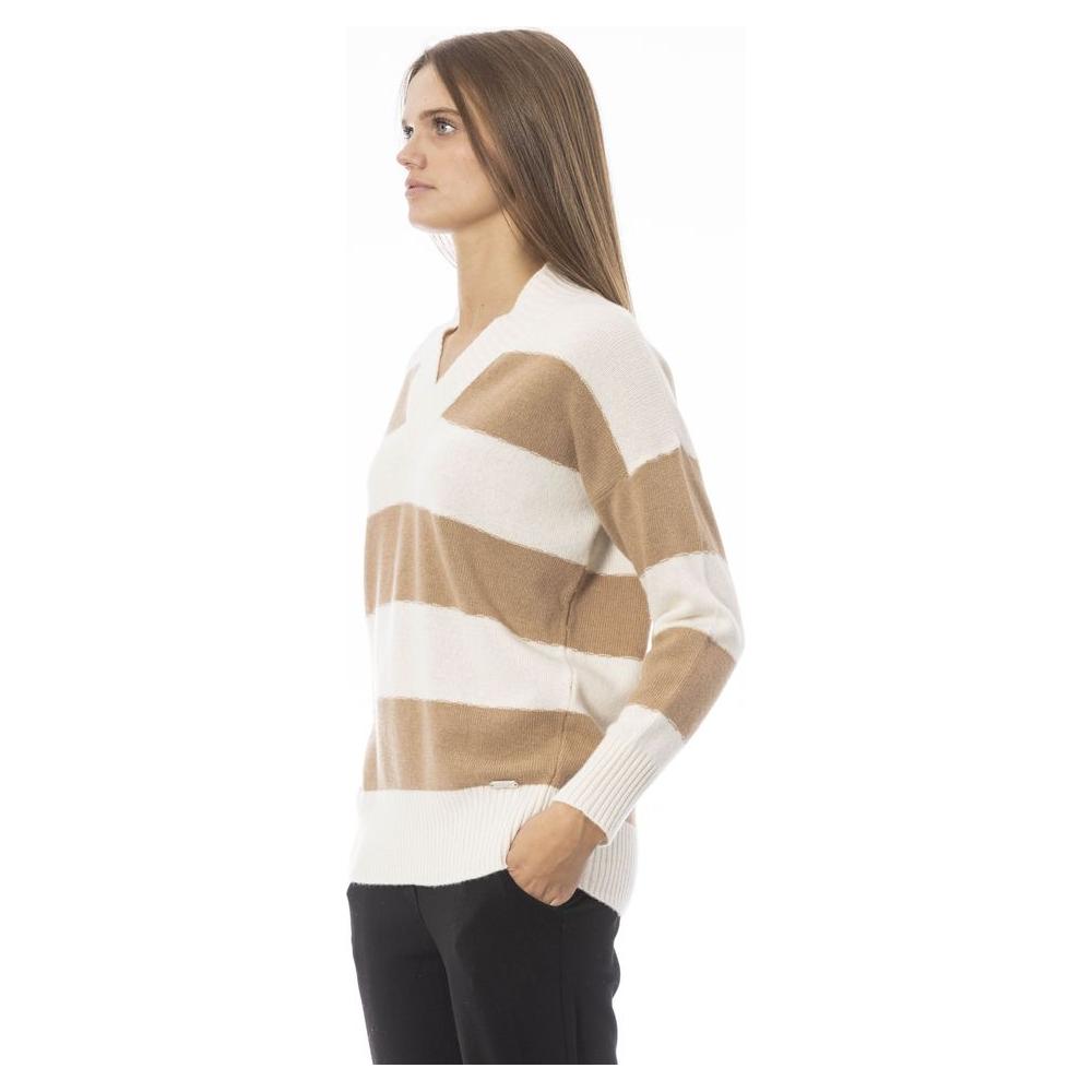 Baldinini Trend Elegant Beige V-Neck Sweater beige-wool-sweater-14