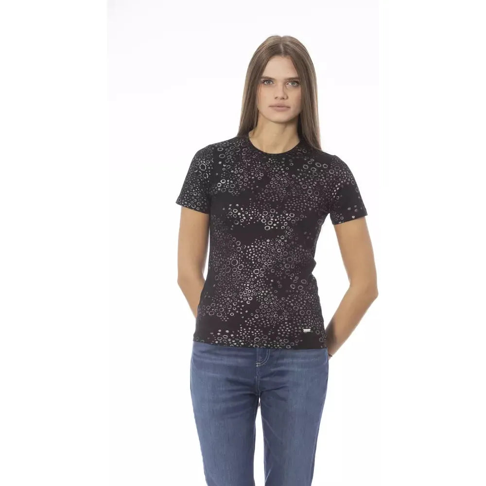 Baldinini Trend Elegant Monogram Patterned Crew Neck Tee black-cotton-tops-t-shirt-2