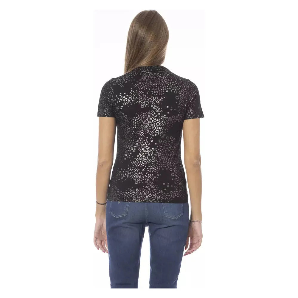 Baldinini Trend Elegant Monogram Patterned Crew Neck Tee black-cotton-tops-t-shirt-2