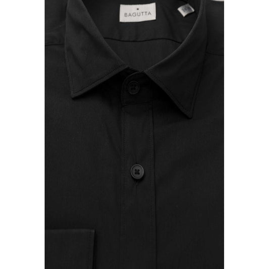 Bagutta Sleek Black Slim Fit French Collar Shirt black-cotton-shirt-12