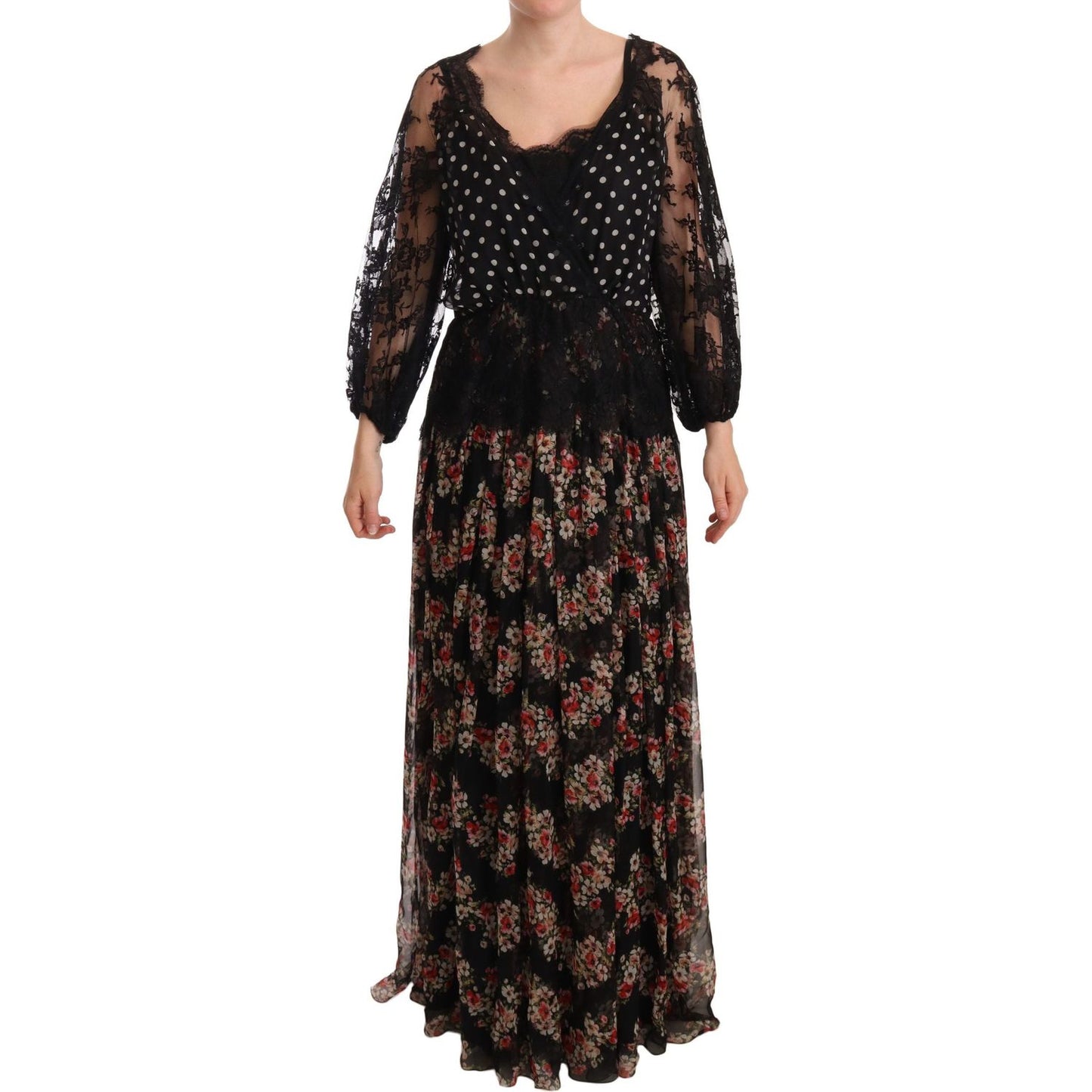 Dolce & Gabbana Elegant Lace Floral Maxi Dress with Polka Dots WOMAN DRESSES black-lace-floral-polka-maxi-capri-dress