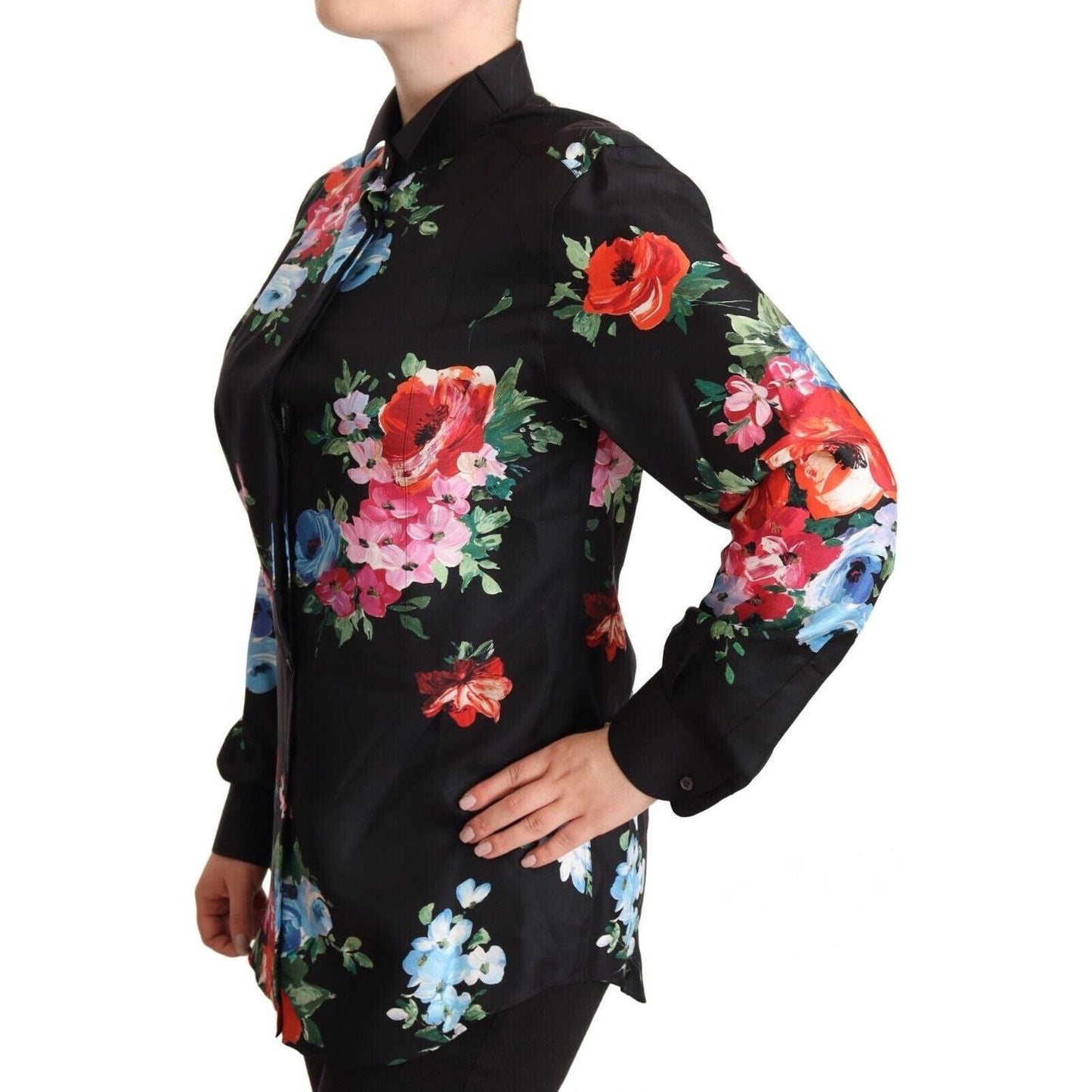 Dolce & Gabbana Elegant Floral Silk-Cotton Polo Blouse WOMAN TOPS AND SHIRTS black-floral-print-collared-polo-blouse-top