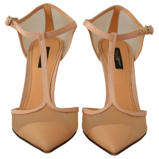 Dolce & Gabbana Elegant Beige Mesh T-Strap Pumps beige-mesh-t-strap-stiletto-heels-pumps-shoes