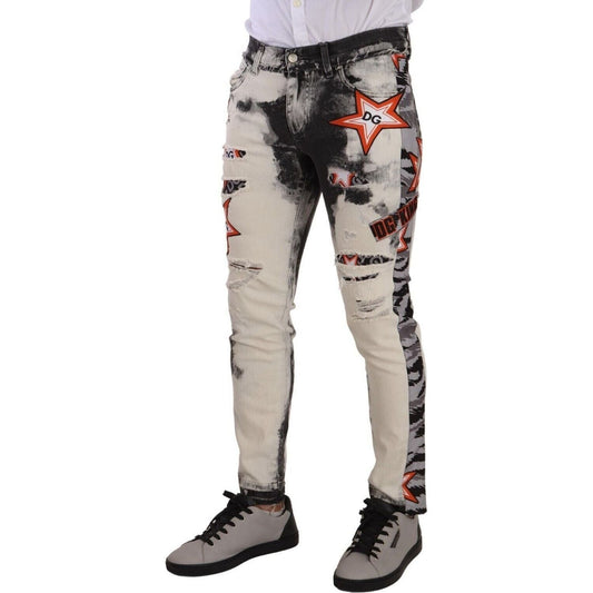 Dolce & Gabbana Chic Slim Fit Star Motif Denim Jeans white-black-cotton-distressed-skinny-denim-jeans