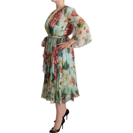 Dolce & Gabbana Elegant Floral Green Midi Silk Dress WOMAN DRESSES green-floral-long-sleeves-v-neck-midi-dress