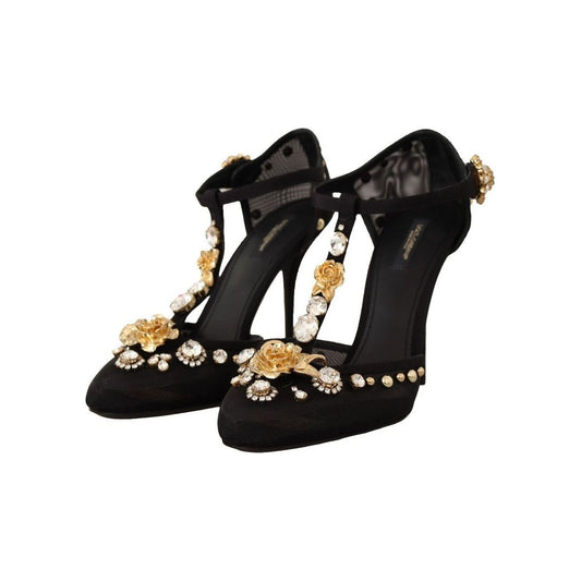 Dolce & Gabbana Elegant Crystal-Embellished Mesh T-Strap Pumps black-mesh-crystals-t-strap-heels-pumps-shoes