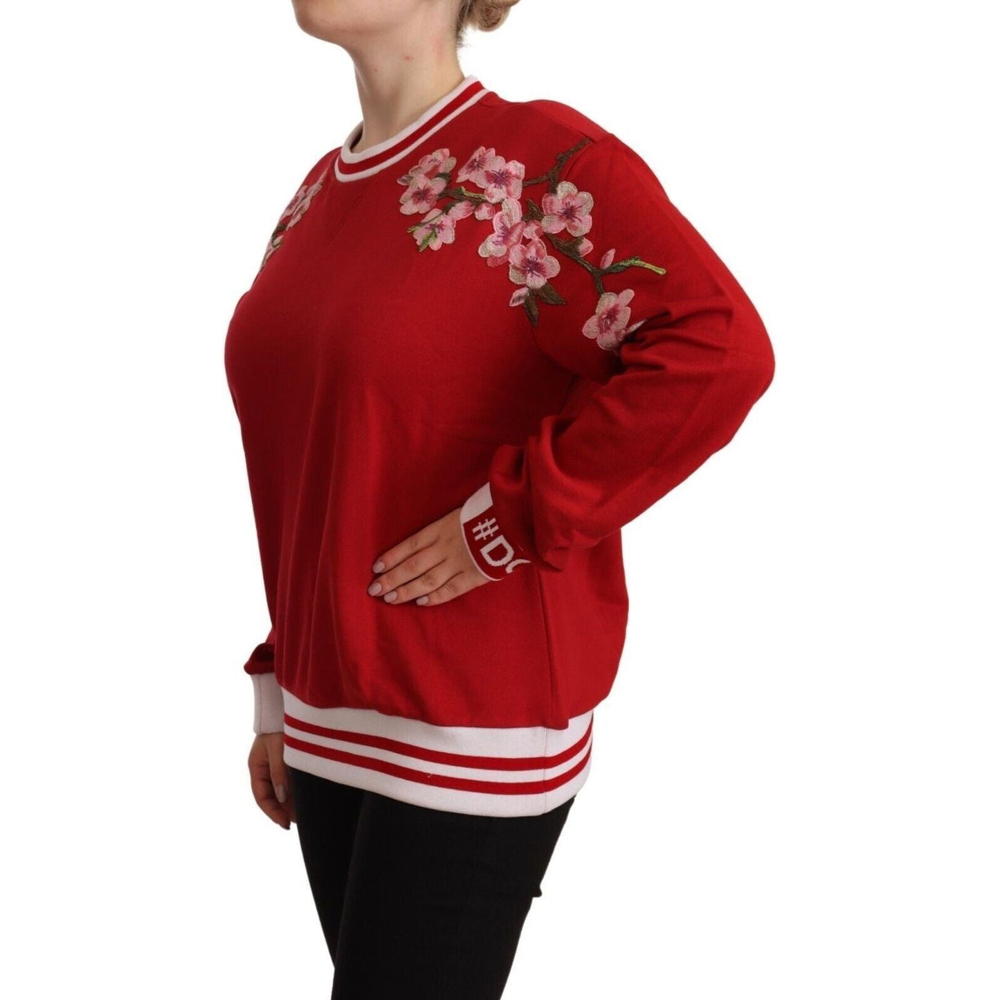 Dolce & Gabbana Elegant Red Crewneck Pullover with Floral Motif red-cotton-crewneck-dglove-pullover-sweater WOMAN SWEATERS