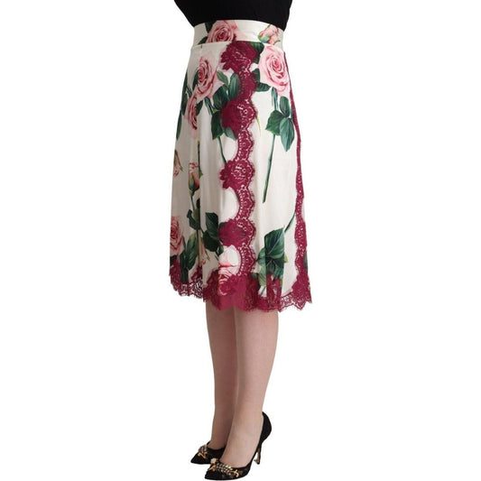 Dolce & Gabbana Elegant Floral A-Line Midi Skirt white-rose-print-high-waist-midi-a-line-skirt