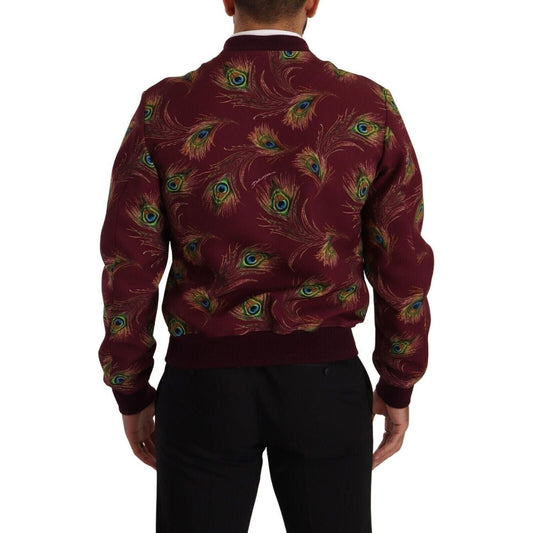 Dolce & Gabbana Radiant Red Peacock Print Bomber Jacket red-peacock-polyester-stretch-full-zip-jacket