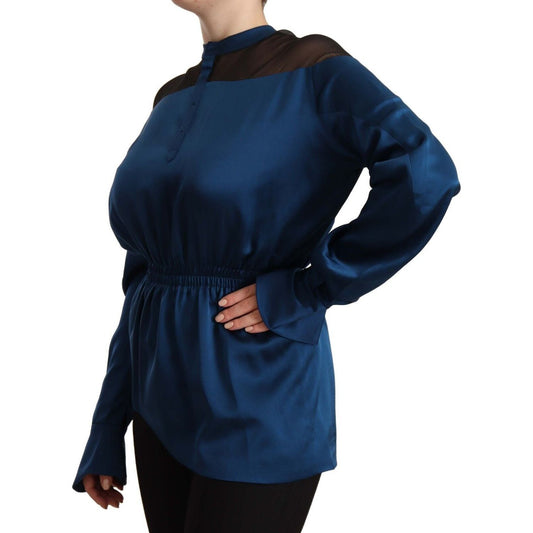 Masha Ma Elegant Crew Neck Silk Blouse in Blue WOMAN TOPS AND SHIRTS blue-silk-long-sleeves-elastic-waist-top-blouse