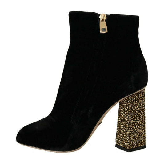 Dolce & Gabbana Elegant Velvet Ankle Boots with Crystal Heels black-velvet-crystal-square-heels-shoes