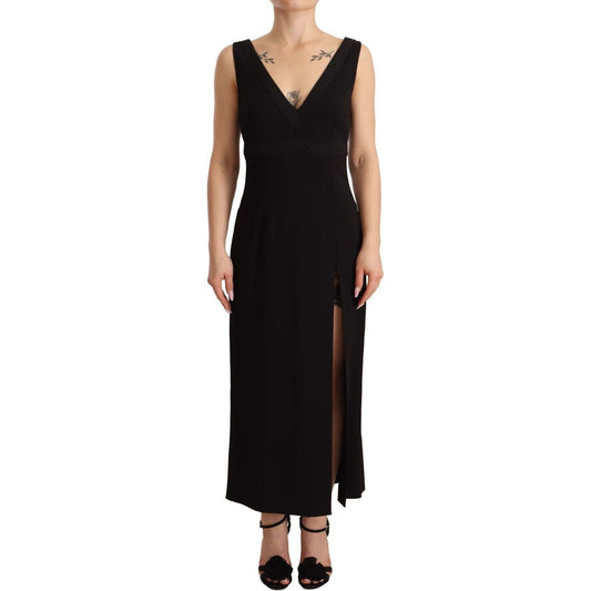 Dolce & Gabbana Elegant Black V-Neck Sheath Midi Dress black-silk-stretch-side-slit-sheath-midi-dress