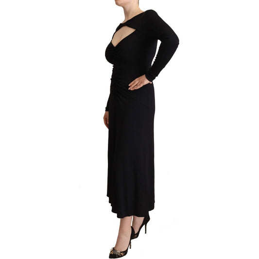 PINKO Elegant Black Nylon Stretch Maxi Dress WOMAN DRESSES black-nylon-stretch-long-sleeves-deep-v-neck-maxi-dress
