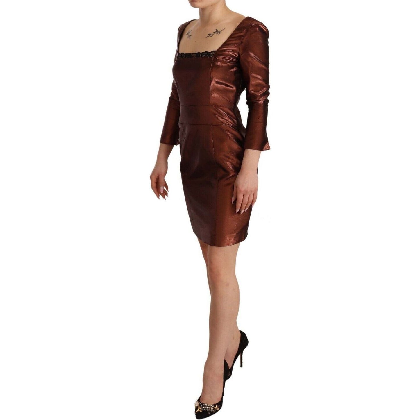 GF Ferre Elegant Bronze Sheath Mini Dress with Square Neck metallic-brown-long-sleeves-square-neck-sheath-dress