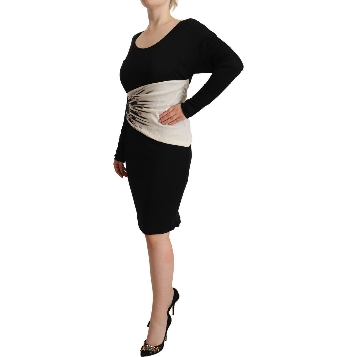 Roberto Cavalli Elegant Sheath Long Sleeve Boat Neck Dress WOMAN DRESSES black-silver-sheath-knee-length-dress