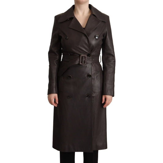 Dolce & Gabbana Elegant Double-Breasted Lambskin Leather Coat dark-brown-leather-long-sleeves-belted-jacket