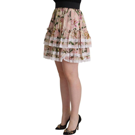 Dolce & Gabbana Elegant Lily Print Tiered A-Line Mini Skirt pink-lily-print-silk-mini-tiered-a-line-skirt
