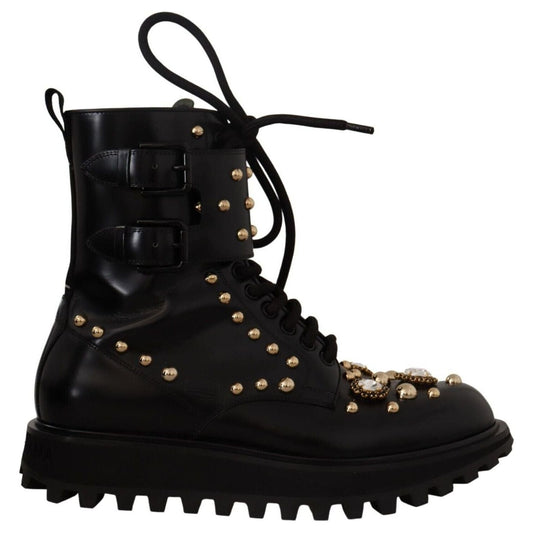 Dolce & Gabbana Black Crystal-Studded Formal Boots black-leather-crystal-embellished-boots-shoes