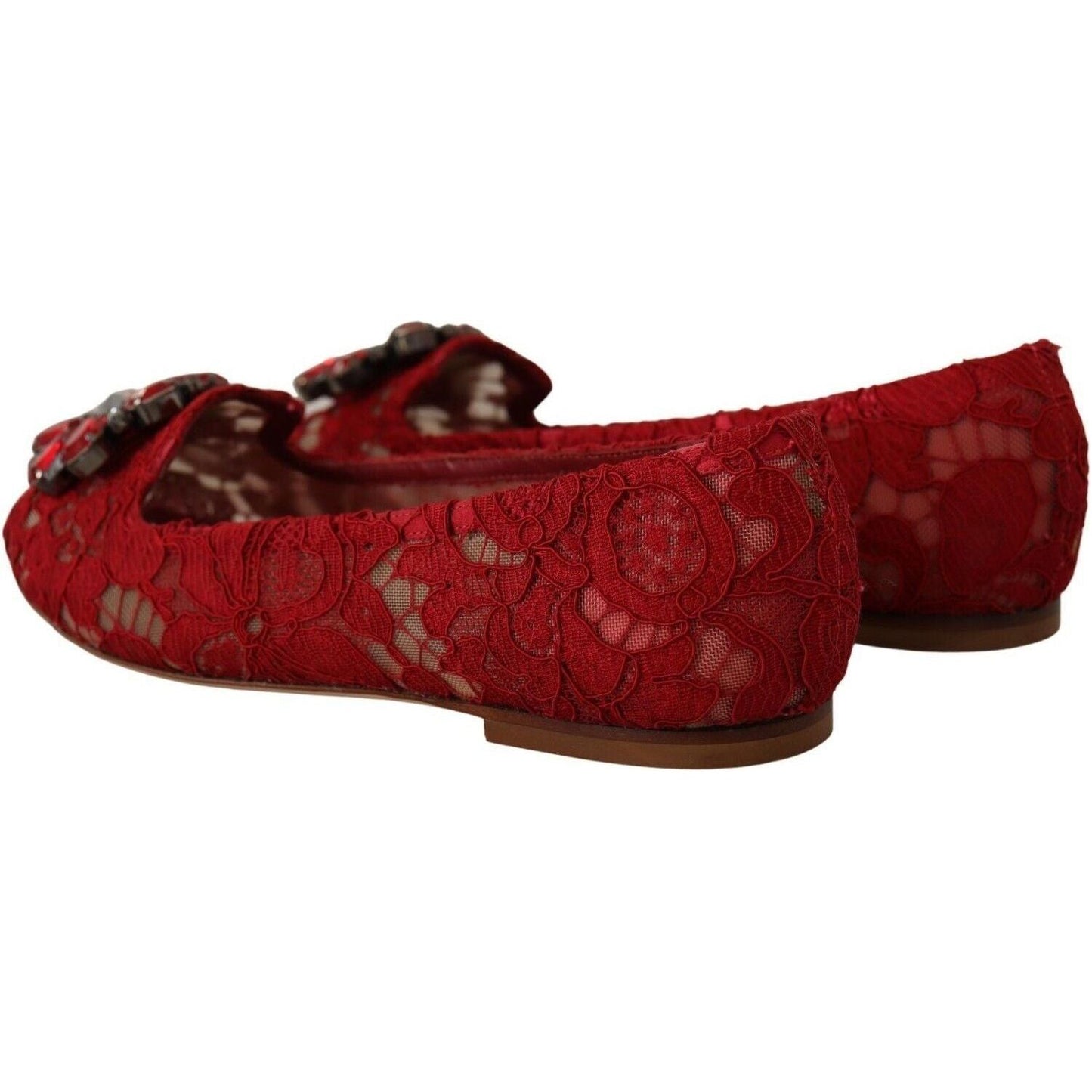 Dolce & Gabbana Radiant Red Lace Ballet Flats with Crystal Buckle red-lace-crystal-ballet-flats-loafers-shoes