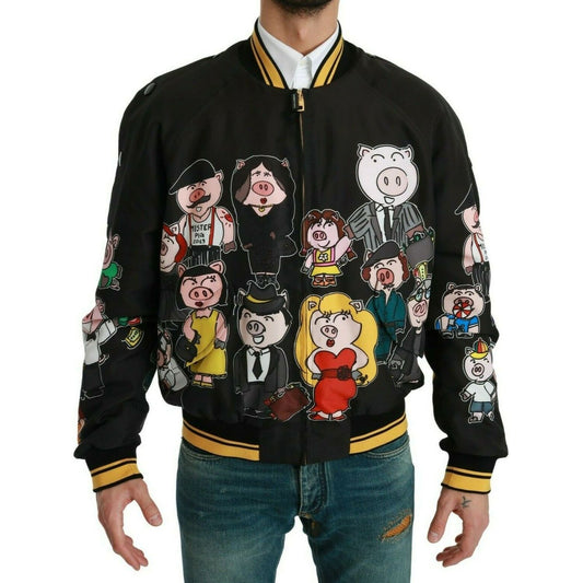 Dolce & Gabbana Multicolor Motive Bomber Style Jacket Coats & Jackets black-year-of-the-pig-bomber-jacket-1