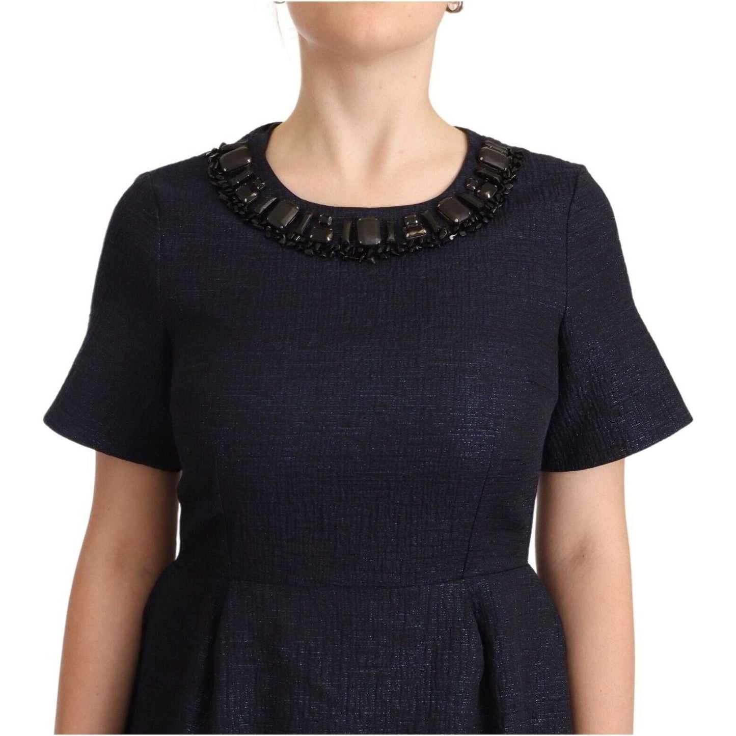 L'Autre Chose Elegant A-Line Embellished Mini Dress black-embellished-short-sleeves-mini-a-line-dress