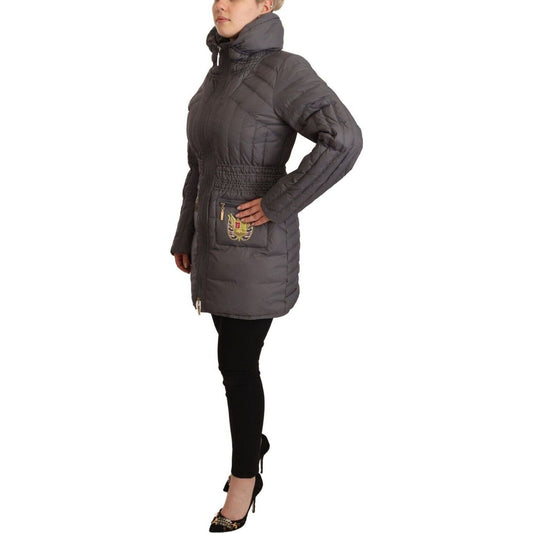 Roccobarocco Elegant Quilted Long Jacket with Logo Patch gray-quilted-long-sleeves-logo-patch-full-zip-jacket