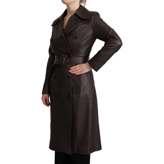 Dolce & Gabbana Elegant Double-Breasted Lambskin Leather Coat dark-brown-leather-long-sleeves-belted-jacket
