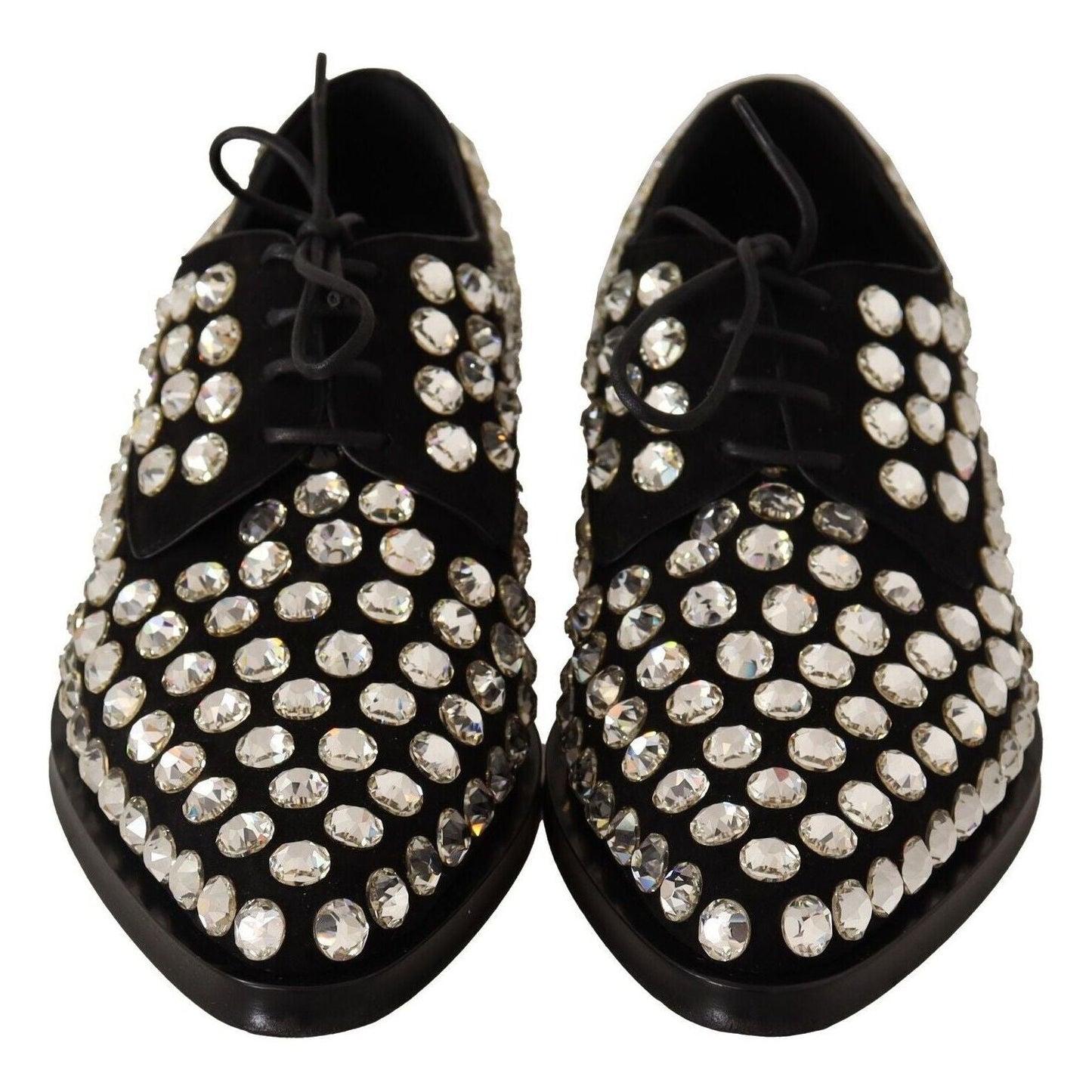 Dolce & Gabbana Elegant Crystal-Embellished Lace-Up Flats black-leather-crystals-lace-up-formal-shoes-1