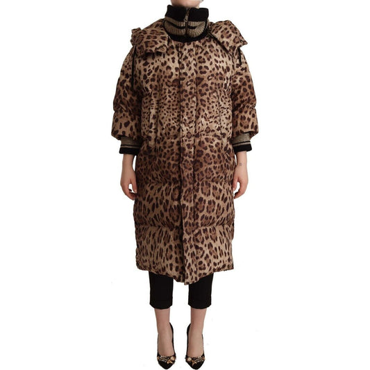 Dolce & Gabbana Elegant Leopard Print Long Jacket WOMAN COATS & JACKETS brown-long-leopard-print-quilted-down-jacket