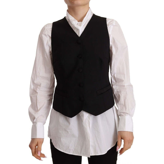 Dolce & Gabbana Elegant Black Wool Blend Waistcoat black-button-down-sleeveless-vest-viscose-top-1