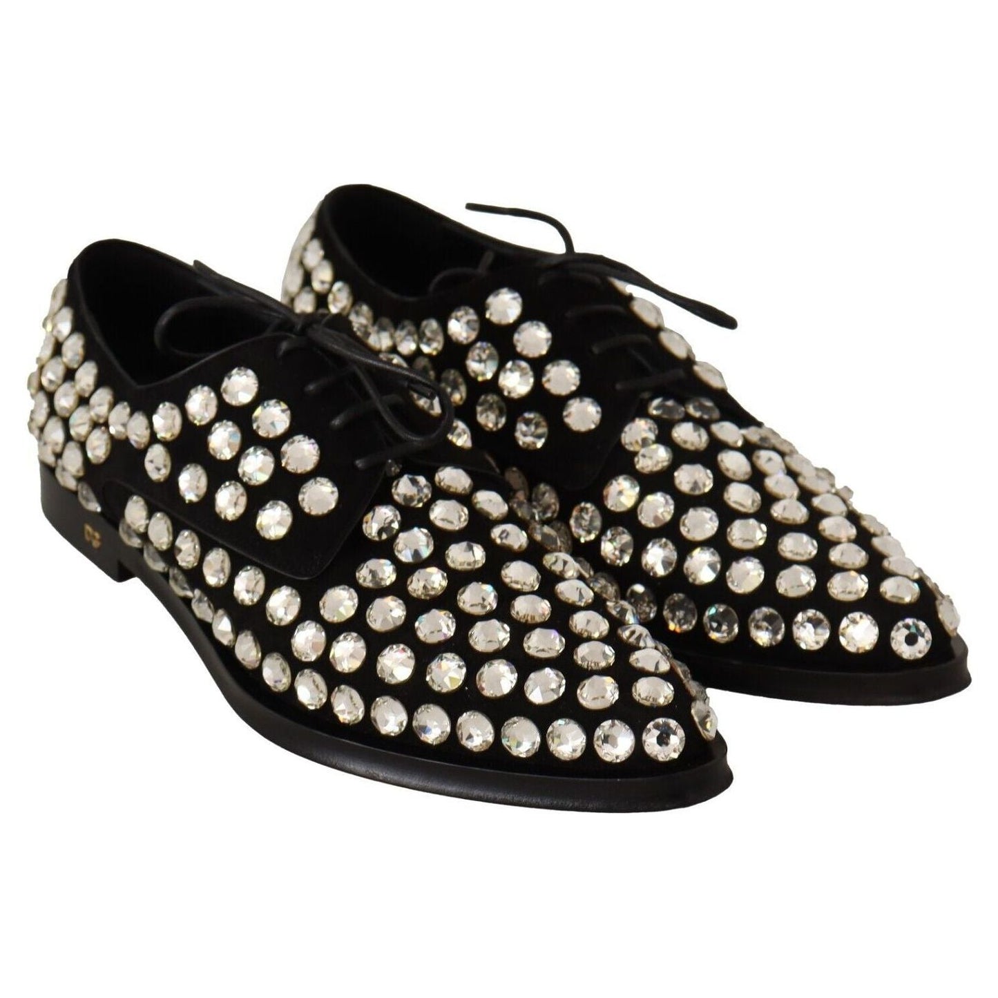 Dolce & Gabbana Elegant Crystal-Embellished Lace-Up Flats black-leather-crystals-lace-up-formal-shoes-1