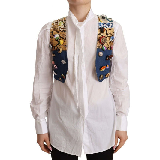 Dolce & Gabbana Multicolor Cropped Vest Top with Button Accents multicolor-embellished-waist-coat-cotton-top