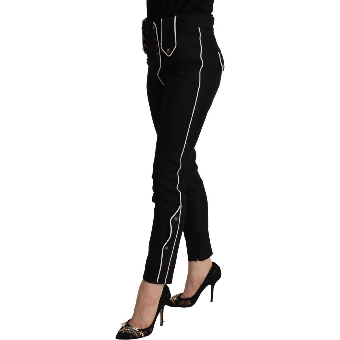 Dolce & Gabbana Elegant High Waisted Slim Fit Trousers black-mid-waist-button-embellished-slim-fit-pants