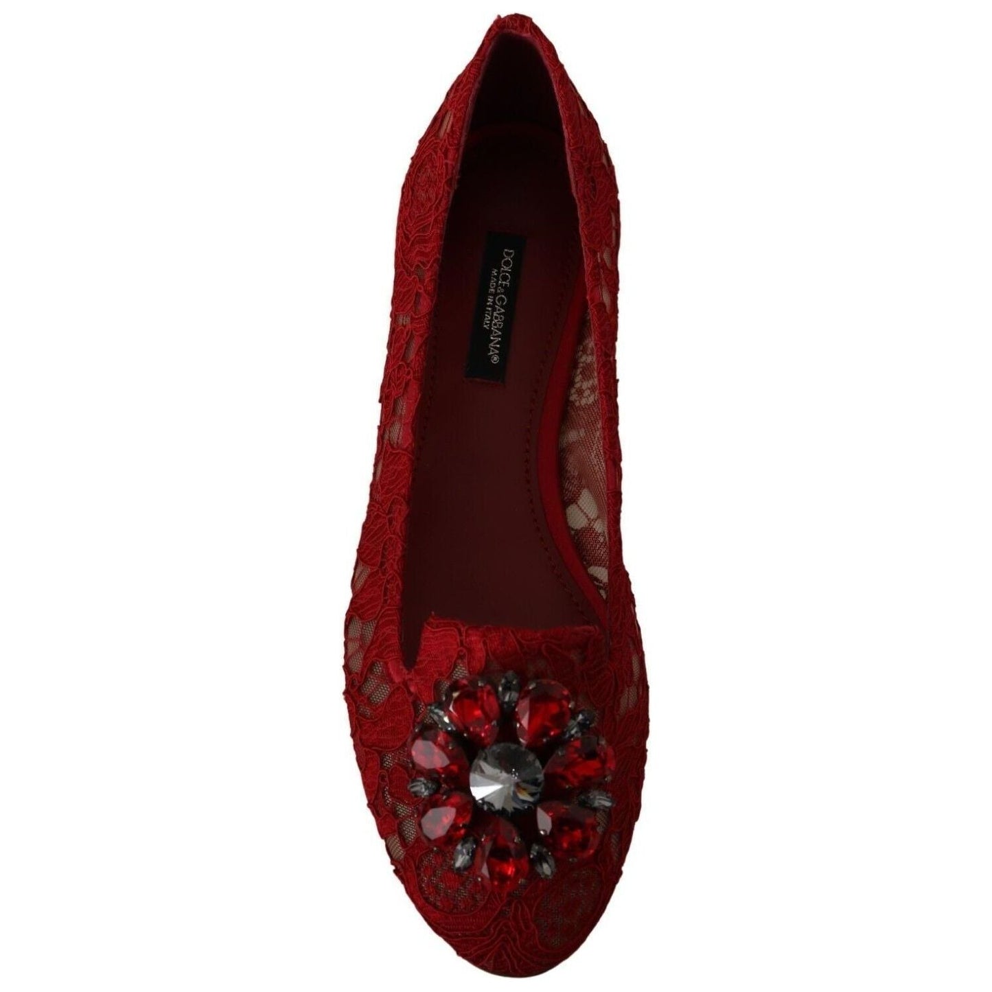 Dolce & Gabbana Radiant Red Lace Ballet Flats with Crystal Buckle red-lace-crystal-ballet-flats-loafers-shoes