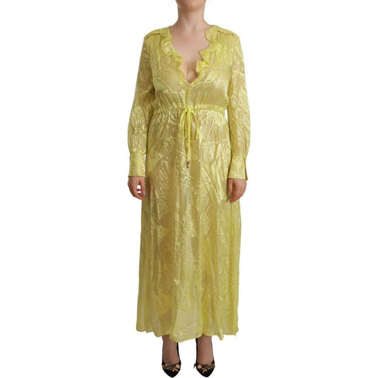 Patrizia Pepe Sunshine Silk Blend Maxi Dress - Long Sleeves & Plunge WOMAN DRESSES yellow-silk-long-sleeves-plunging-maxi-dress
