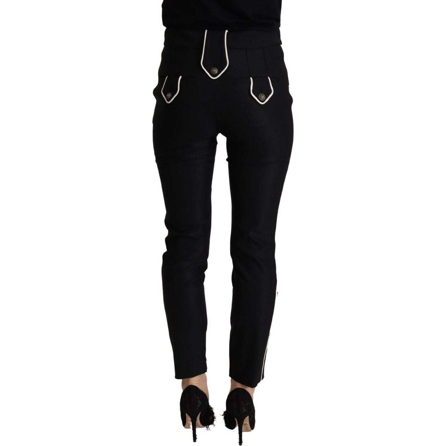 Dolce & Gabbana Elegant High Waisted Slim Fit Trousers black-mid-waist-button-embellished-slim-fit-pants