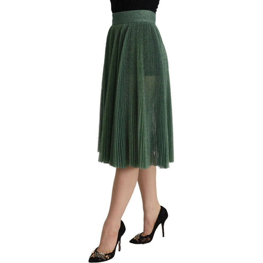 Dolce & Gabbana Metallic Green Pleated A-Line Midi Skirt metallic-green-high-waist-a-line-pleated-skirt