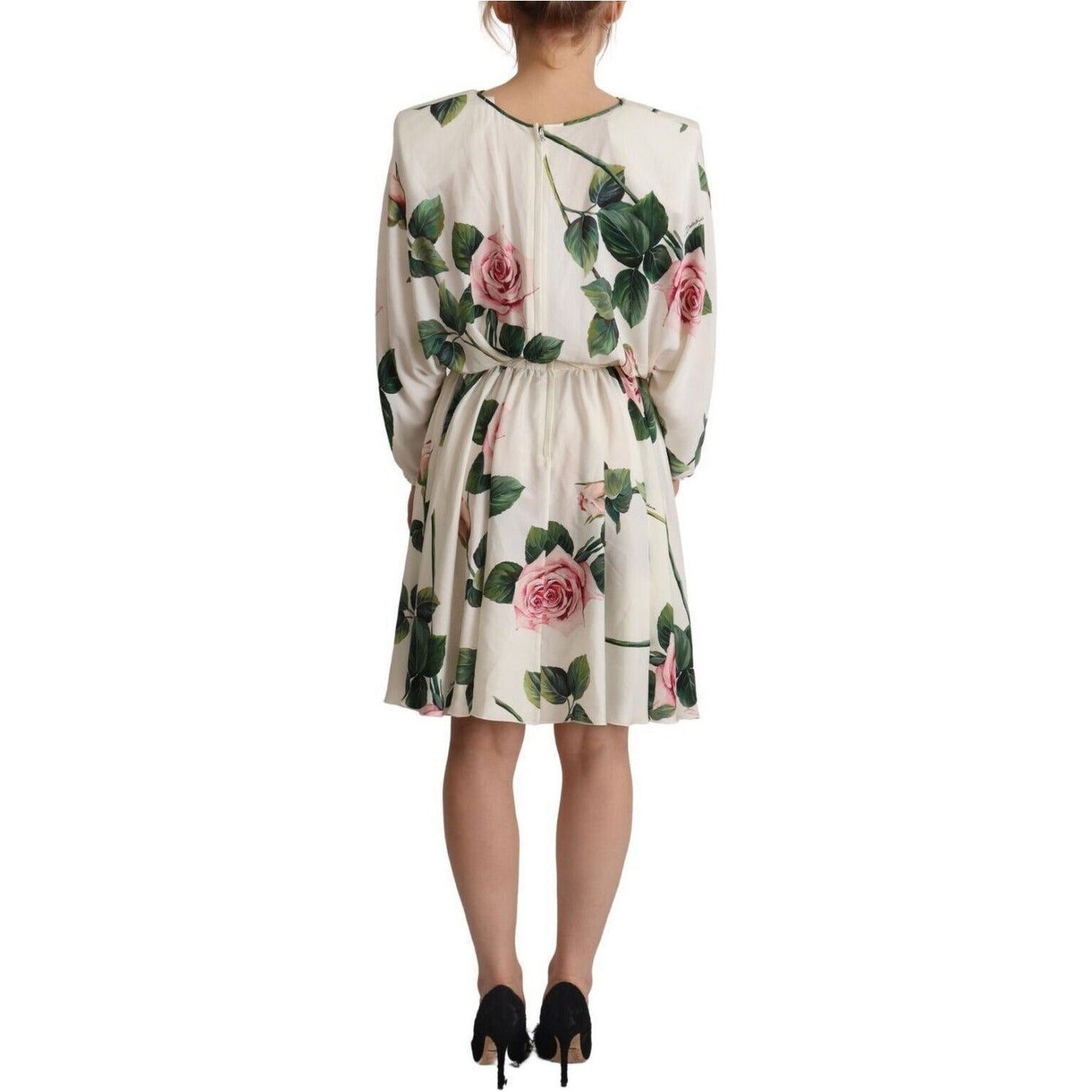 Dolce & Gabbana Elegant Silk Floral A-Line Dress white-rose-print-long-sleeves-a-line-dress