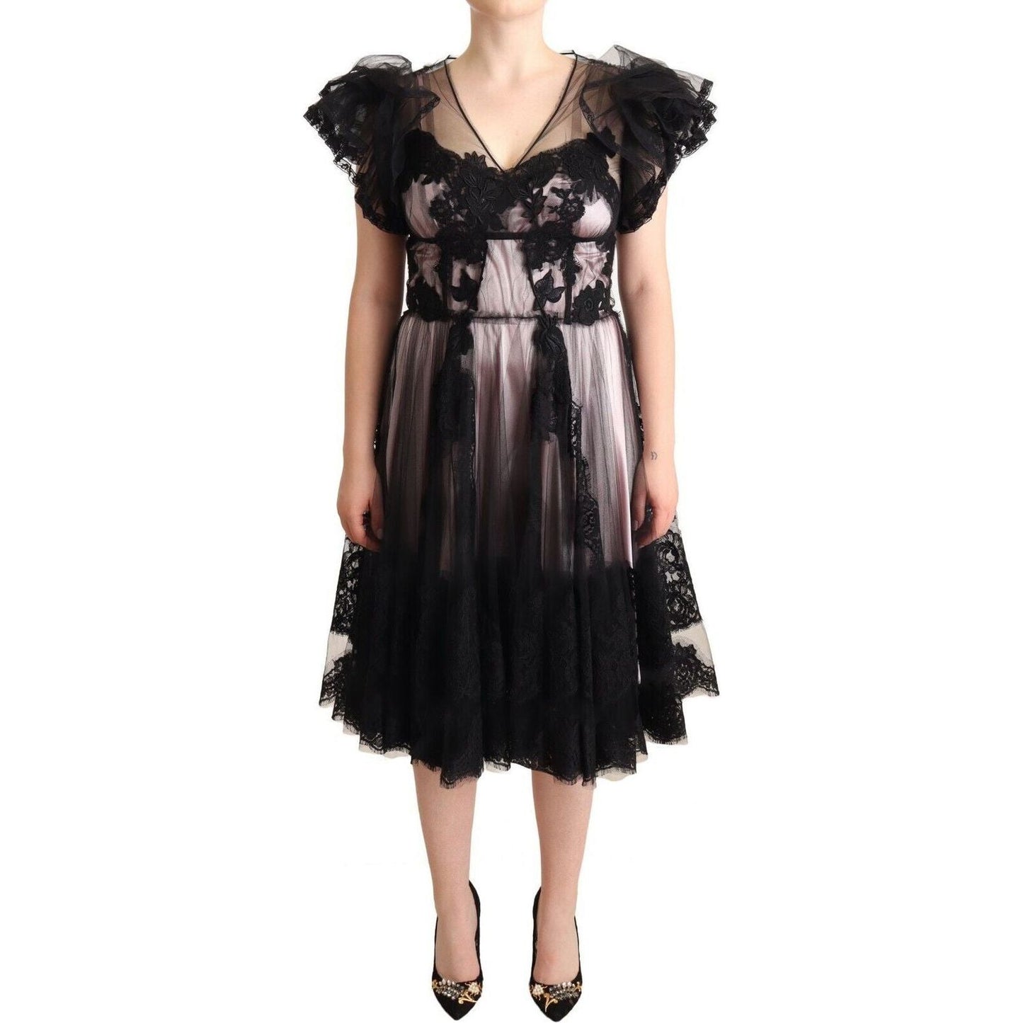 Dolce & Gabbana Chic Black Floral Lace Midi Dress WOMAN DRESSES black-pink-floral-lace-a-line-midi-sheer-dress