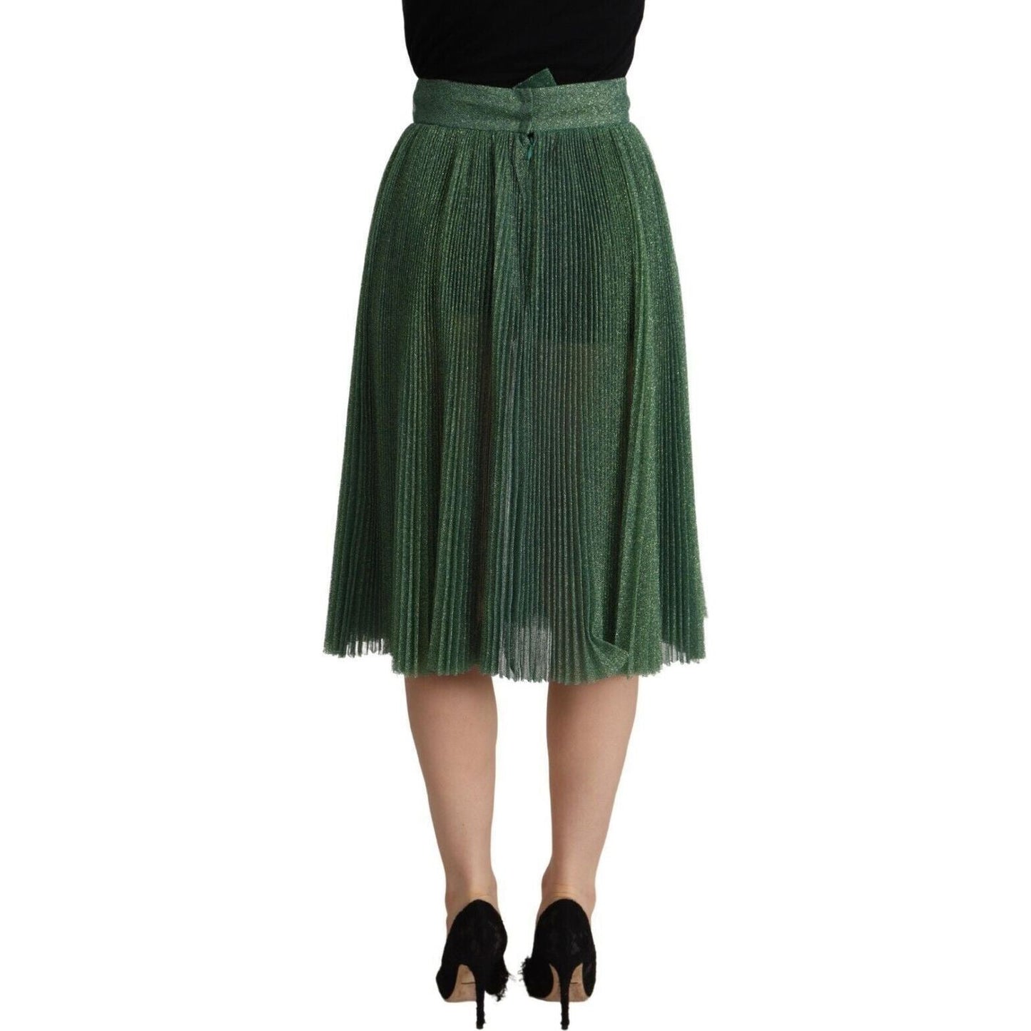 Dolce & Gabbana Metallic Green Pleated A-Line Midi Skirt metallic-green-high-waist-a-line-pleated-skirt