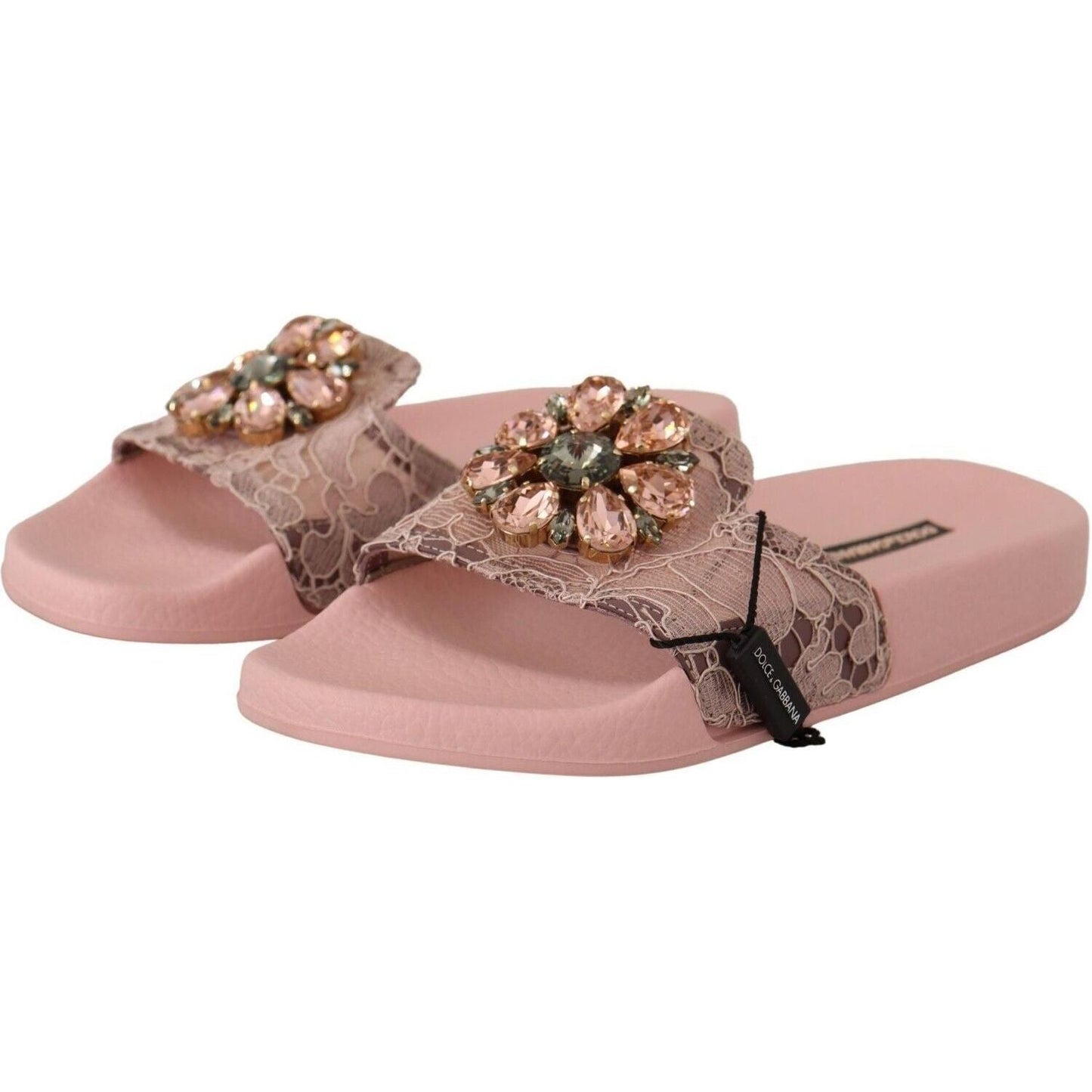Dolce & Gabbana Floral Lace Crystal Embellished Slide Flats pink-lace-crystal-sandals-slides-beach-shoes