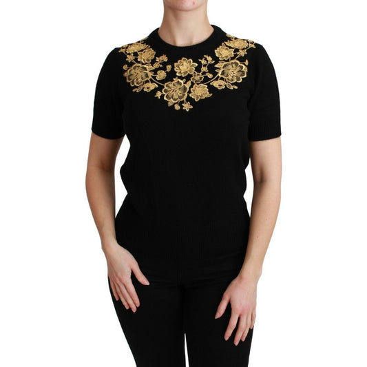 Dolce & Gabbana Elegant Black Cashmere Sweater Top WOMAN TOPS AND SHIRTS black-cashmere-gold-floral-sweater-top-1