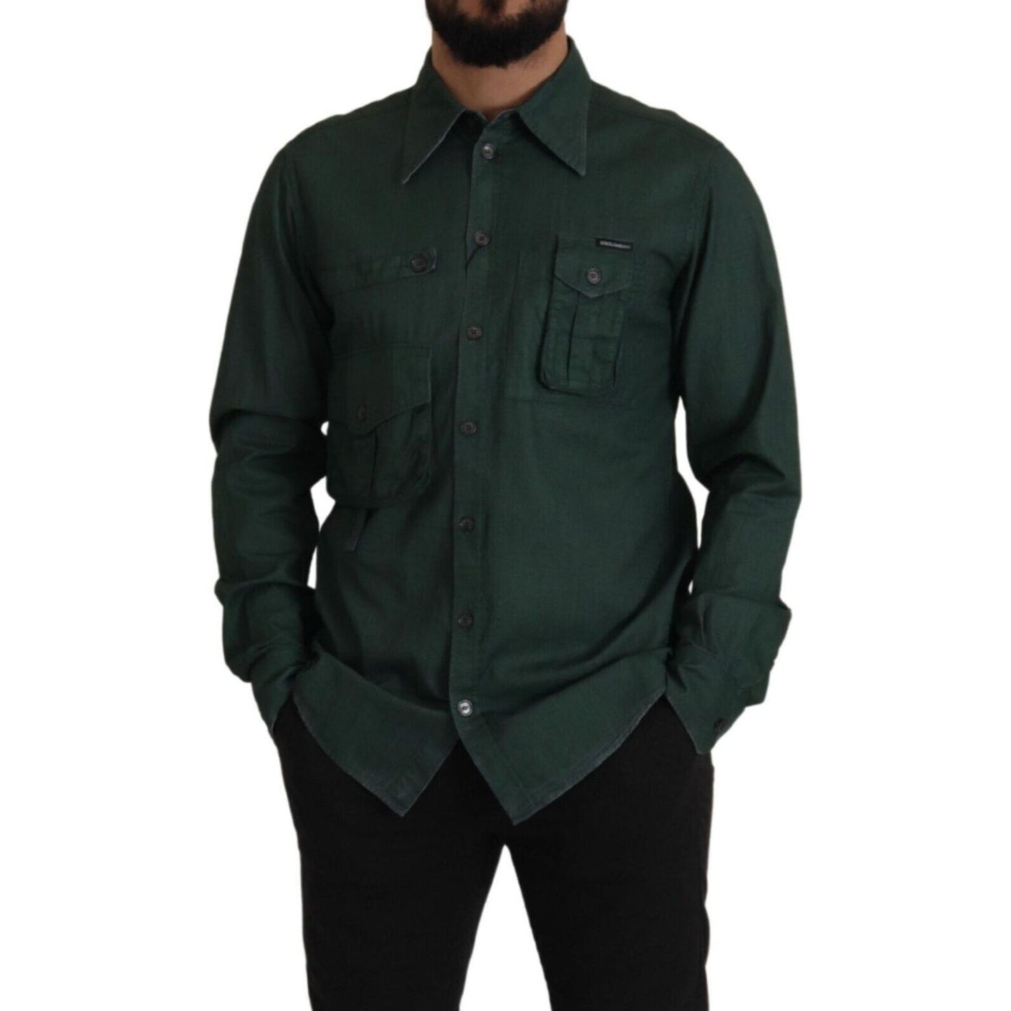 Dolce & Gabbana Emerald Elegance Slim Fit Casual Shirt dark-green-button-down-long-sleeves-shirt