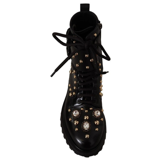 Dolce & Gabbana Black Crystal-Studded Formal Boots black-leather-crystal-embellished-boots-shoes